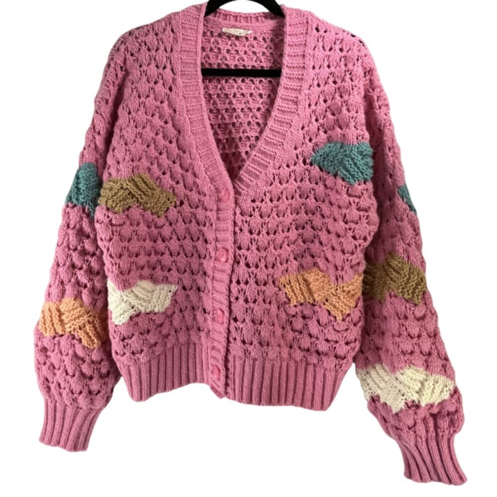 New In Pink Chunky Knit Oversized V-Neck Buttoned Cardigan Sweater Size M